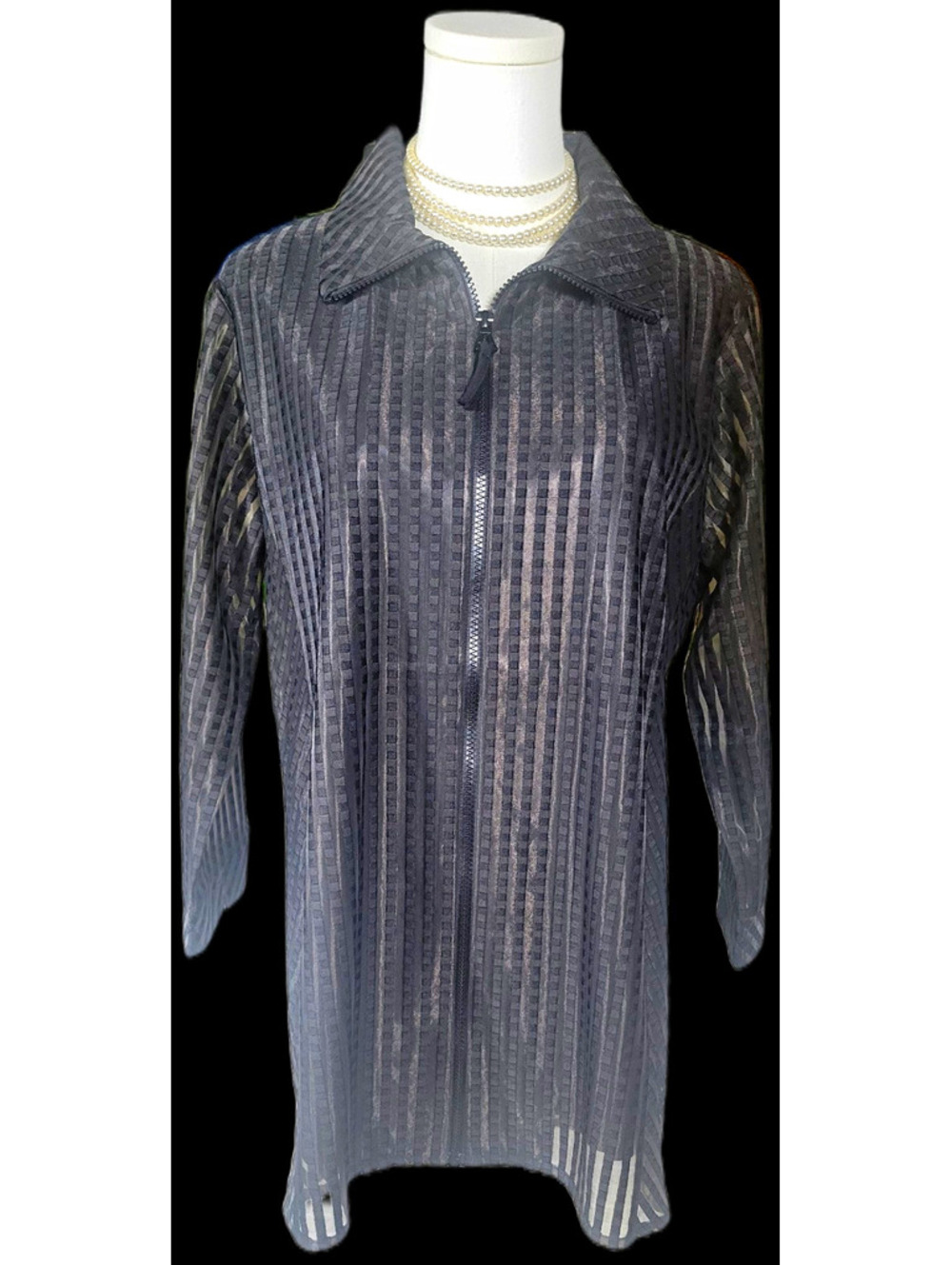 Lior Victoria Jacket Womens L Black Mesh Geometric Collared Zip Front 3/4 Slv